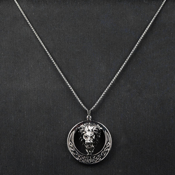 Silver celtic knot lion pendant with Silver Roundcut chain -316L
