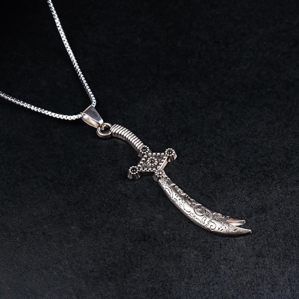 Silver Zulfiqar Necklace Pendant with Square Box Chain